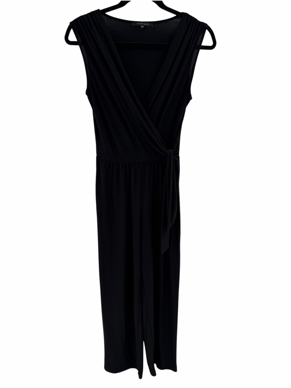 Tahari Black Sleeveless Faux Wrap V Neck Straight Leg Jumpsuit Small